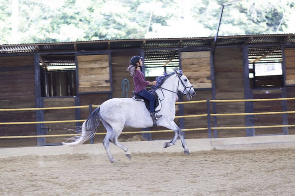 Bela adolescente montando um cavalo em um rancho
 - Foto, Imagem