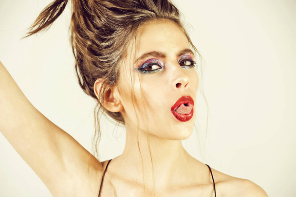 beautiful woman or girl with fashionable makeup for glamour party - 写真・画像