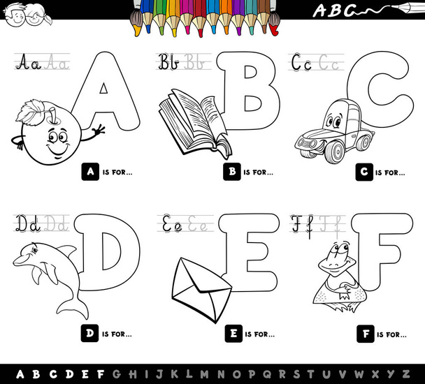 Black and White Cartoon Illustration of Capital Letters Alphabet Educational Set for Reading and Writing Learning for Children from A to F Color Book - Vecteur, image