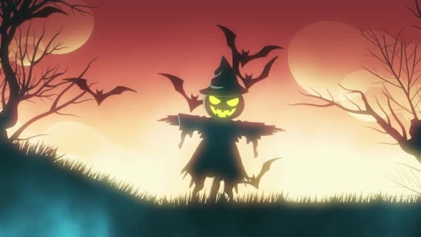 Animazione di Halloween sfondo con la concep di spaventapasseri spettrale e pipistrelli sfondo arancione
 - Filmati, video
