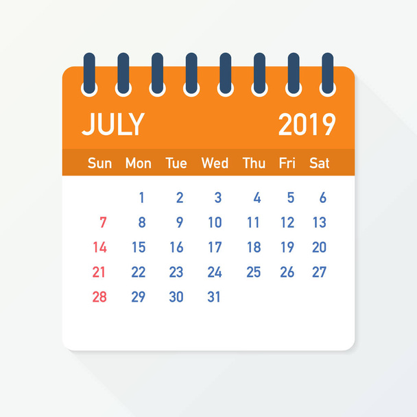 Июль 2019 Календарный лист. Календарь 2019 в плоском стиле. Векторная иллюстрация
. - Вектор,изображение