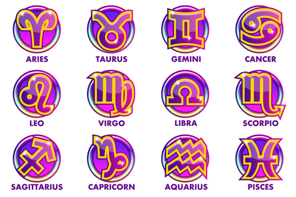 Círculos vectoriales Astrología púrpura Signos, 12 símbolos del zodíaco. Iconos de aplicación para Ui
 - Vector, imagen