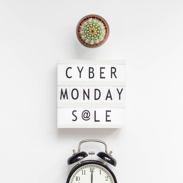 Creative Top view flat lay promotion composition Cyber Monday sale text on lightbox alarm clock white background copy space Square Template Cyber Monday sale mockup thanksgiving promotion advertising - Photo, Image