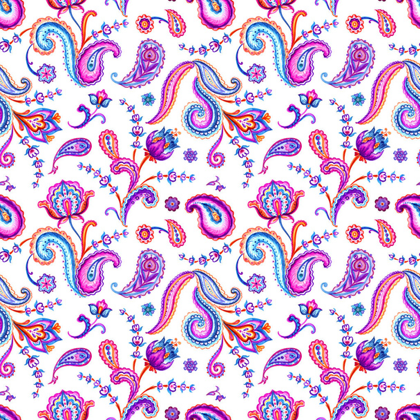 Paisley seamless pattern on white background. East ornament, national traditional print, watercolor illustration. - Φωτογραφία, εικόνα