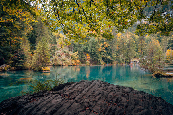 Autumn time at romantic forest lake Blausee, Switzerland. - Photo, Image