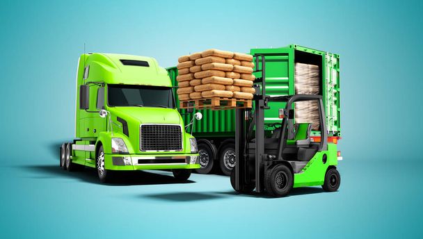 Σύγχρονη έννοια της εκφόρτωσης φορτίου από πράσινο από το φορτηγό με ρυμουλκούμενο με οικοδομικά υλικά και ένα πορτοκαλί περονοφόρου με παλέτα απομονωμένη 3d καθιστούν σε μπλε φόντο με σκιά - Φωτογραφία, εικόνα