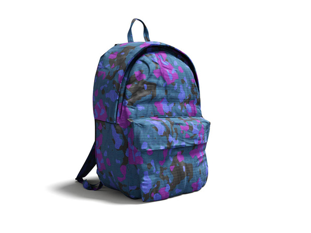 Modern military backpack in school for boy and teenager with blue pink color 3d render on white background with shadow - Photo, Image