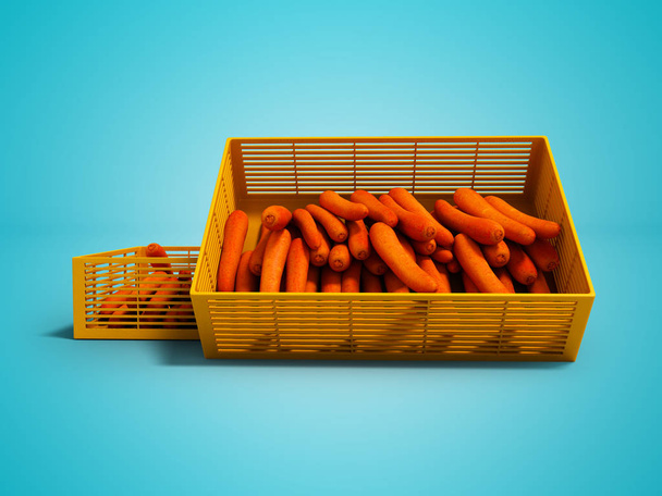 Dos cajas de plástico con zanahoria 3d renderizar sobre fondo azul con sombra
 - Foto, Imagen
