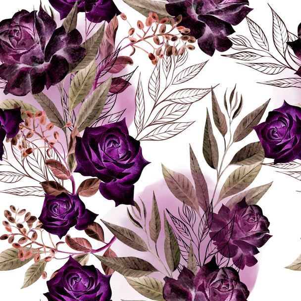 Beautiful watercolor pattern with rose flowers and eucalyptus leaves.  - Photo, Image