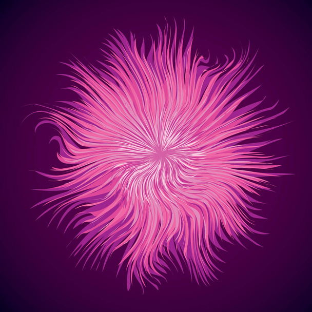 Művészi világos lila barb kör középpontját rajz alakú kivitel. Optikai csalódás fuzz tüskés forma-art modern rajzfilm kreatív stílus. Lila színű tarka tüskés szimbóluma a sötét űrben, a szöveg - Vektor, kép