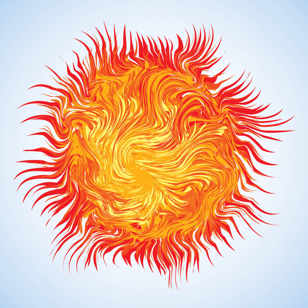 Desenho de forma de desenho de círculo de queimadura vermelho quente brilhante artístico. Forma esfera fuzzy ilusão óptica em arte desenho animado estilo criativo. Símbolo de bola de boom de energia de névoa de cor amarela no espaço do céu para texto
 - Vetor, Imagem