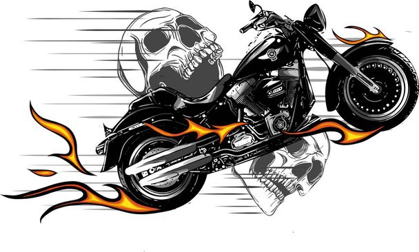 Dramática motocicleta ardiente envuelta en llamas ardientes de color naranja y chispas explosivas
 - Vector, imagen