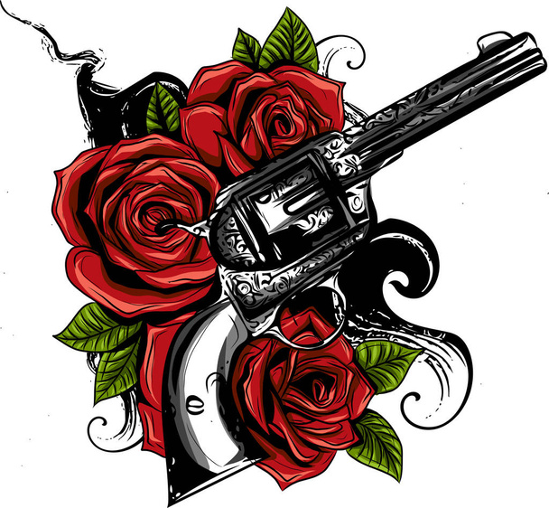 Pair of crossed guns and rose flowers drawn in tattoo style. Vector illustration. - Vector, Image