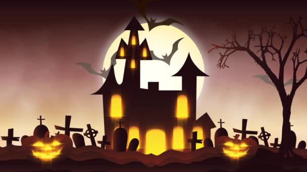 Animacja upiorny nawiedzonym domu z Jack-o-lantern Halloweenowych dyń - Materiał filmowy, wideo