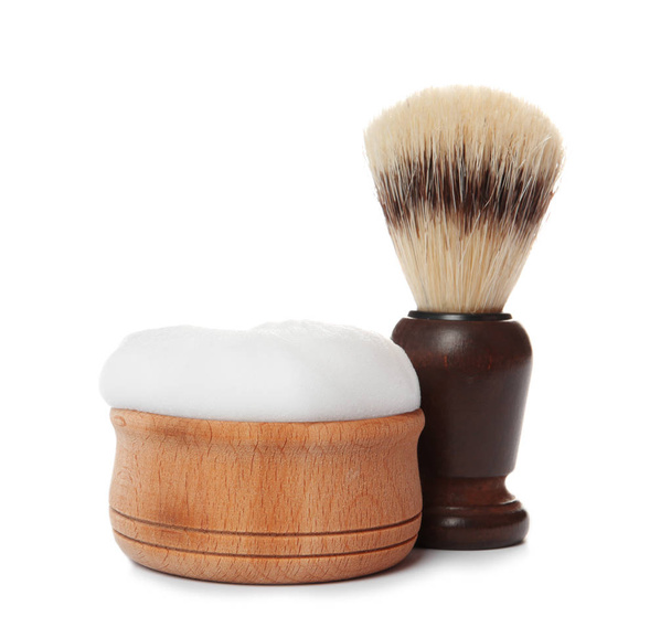 Shaving brush for men and bowl with foam on white background - Φωτογραφία, εικόνα
