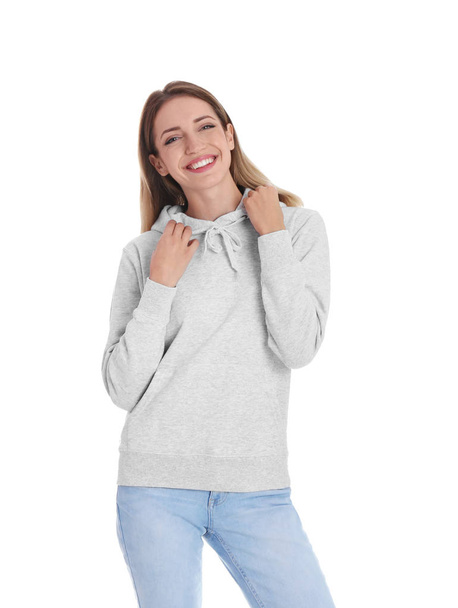 Portrait of woman in hoodie sweater on white background. Space for design - Foto, Imagem