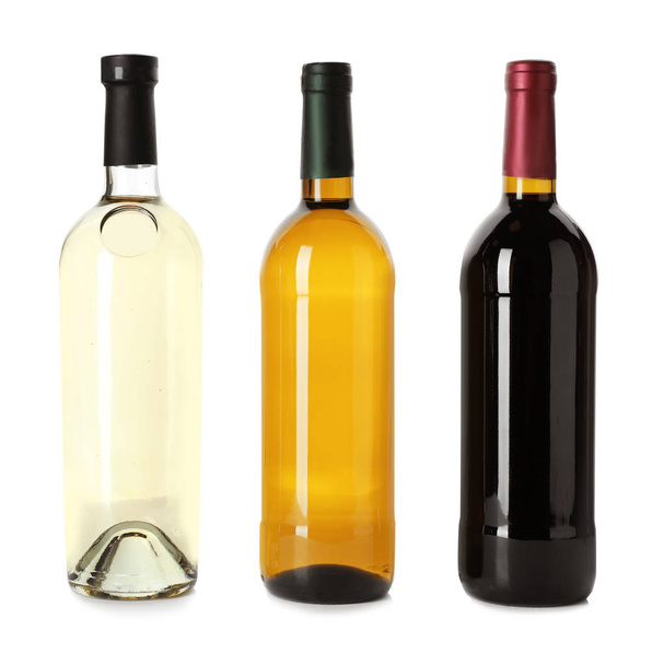 Bottle with different types of wine on white background - Φωτογραφία, εικόνα