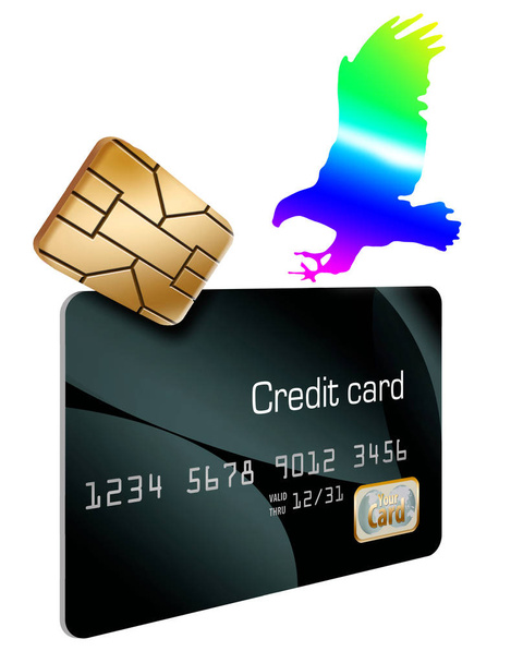 Układ bezpieczeństwa Emv na karty kredytowe i orzeł hologram, lądowania na karcie są widoczne na tej ilustracji o bezpieczeństwo kart kredytowych. - Zdjęcie, obraz