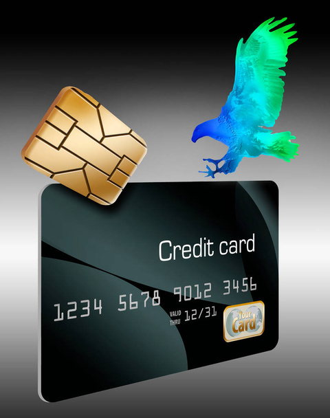 La puce de sécurité EMV sur les cartes de crédit et un aigle hologramme atterrissant sur la carte sont visibles dans cette illustration sur la sécurité de la carte de crédit
. - Photo, image