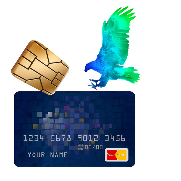 der emv Sicherheits-Chip auf Kreditkarten und ein Hologramm-Adler, der auf der Karte landet, sind in dieser Abbildung über Kreditkartensicherheit zu sehen. - Foto, Bild
