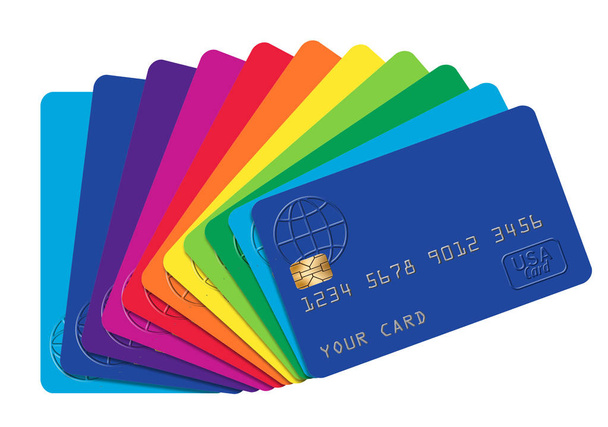 Εδώ είναι Γενόσημο πιστωτικές κάρτες σε ένα φάσμα χρωμάτων. Οι κάρτες είναι παρατάσσονται για να δημιουργήσει ένα ουράνιο τόξο των χρωμάτων. Αυτό είναι ένα παράδειγμα. - Φωτογραφία, εικόνα