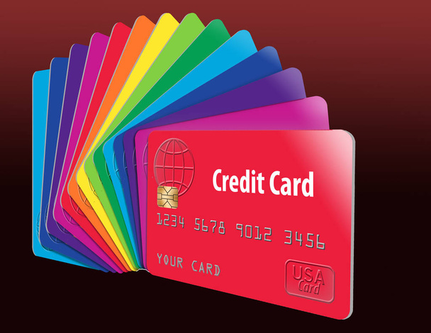 Aquí están las tarjetas de crédito genéricas en un espectro de colores. Las cartas están alineadas para crear un arco iris de color. Esta es una ilustración.
. - Foto, Imagen