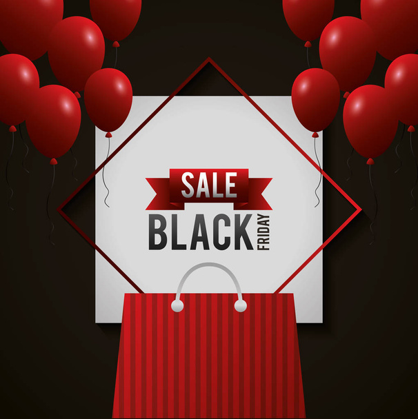 black friday shopping sales figure frame ribbon bag red balloons vector illustration - Vetor, Imagem