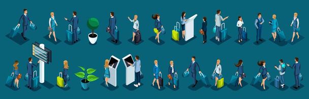 Isometric large set of international airport passengers, business ladies and businessmen on a business trip, passengers with luggage - Vetor, Imagem