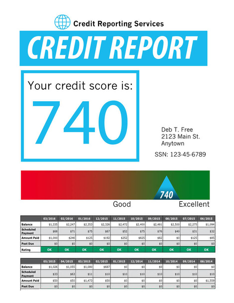 This illustration is of a mock credit report. The score on the report is 740 and generic logos etc. make if safe for publication. - 写真・画像