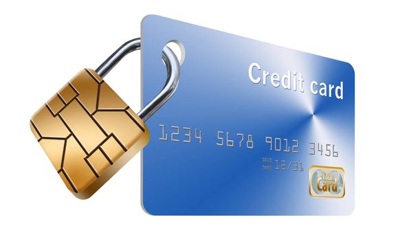 Το Emv chip ασφάλειας στις πιστωτικές κάρτες έχει μετατραπεί σε ένα λουκέτο σε αυτό παρωδία πιστωτική κάρτα για να αντιπροσωπεύουν την ασφάλεια που παρέχει το τσιπ. - Φωτογραφία, εικόνα