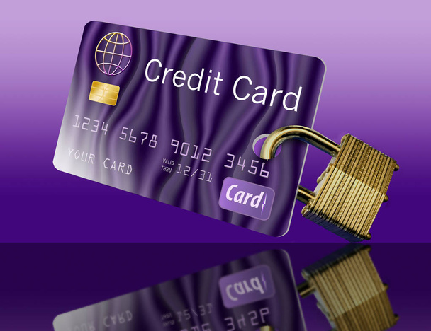 Ta ilustracja jest fałszywe karty kredytowej kłódkę dołączone do reprezentowania bezpieczeństwo kart kredytowych. - Zdjęcie, obraz