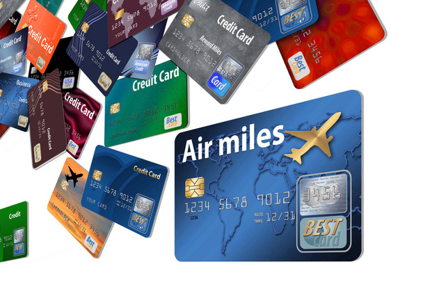 Çok sayıda sahte, genel kredi ve banka kartları yüzen ve arka planda bu illüstrasyon izole sayfa boyunca uçan görülür. - Fotoğraf, Görsel