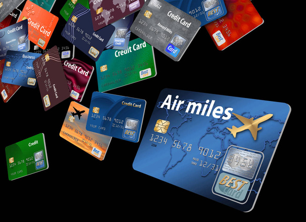 Een groot aantal kaarten met mock en generieke credit- en debitcards zijn gezien drijvend en vliegen in de pagina op de achtergrond in deze illustratie geïsoleerd. - Foto, afbeelding