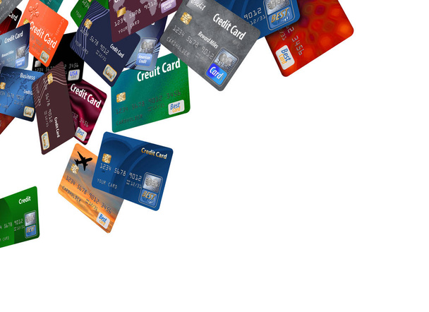 Een groot aantal kaarten met mock en generieke credit- en debitcards zijn gezien drijvend en vliegen in de pagina op de achtergrond in deze illustratie geïsoleerd. - Foto, afbeelding