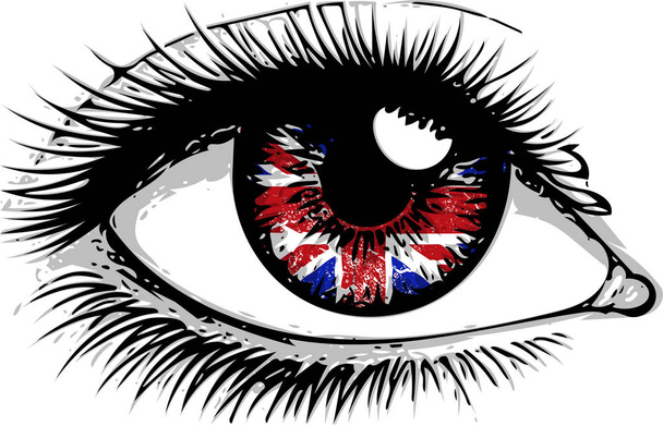 Zászlaja a Nagy-Britannia, gyönyörű férfi vagy női szem képregény történet retro pop art stílusban. Szexi meglepett asszony nyitott szájjal. A pop art comic retró színes vektor háttér. - Vektor, kép