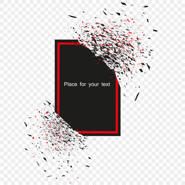 Zwarte banner met rode frame met fragmenten geïsoleerd op transparante achtergrond. Abstracte zwarte explosie met kleine deeltjes. Zwarte gebroken glasplaat met ruimte voor uw tekst. Vectorillustratie. EPS. - Vector, afbeelding