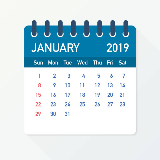 Enero 2019 Hoja de calendario. Calendario 2019 en estilo plano. Ilustración vectorial
. - Vector, Imagen