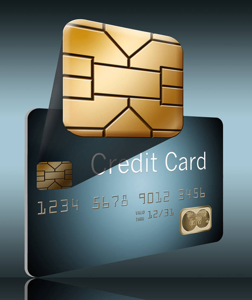 Oto widok rozstrzelony układu bezpieczeństwa Emv wychodzi tle karty kredytowej, aby dać z bliska spojrzeć na chip. - Zdjęcie, obraz
