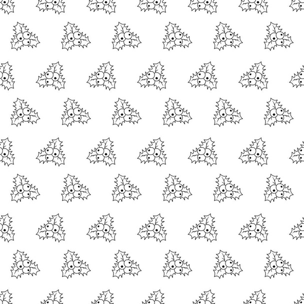 Pattern with Holly berry leaves. Hand drawn Merry Christmas and Happy New Year doodle seamless pattern. Outline festive winter seamless pattern. Coloring page - Vecteur, image