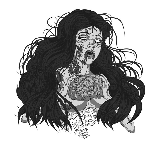 Modèle d'affiche de nuit zombie dans le style double exposition idéal pour les médias de zombie événement ou fête, fille pinup zombie tenant l'illustration vectorielle du crâne d'une fille pinup zombie sexy - Vecteur, image