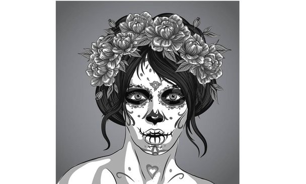 dia de los muertos dag van de dode Mexicaanse vakantie festival vector poster banner en kaart met, anta muerte vrouw make-up suiker schedel meisje gezicht met bloemen krans hand getrokken - Vector, afbeelding