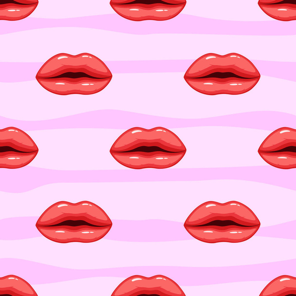 Vector illustration of Seamless pattern pink lips on striped background - Wektor, obraz