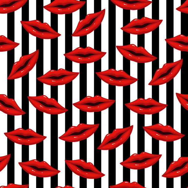 Vectorillustratie van naadloze patroon rode lippen op gestreepte achtergrond - Vector, afbeelding