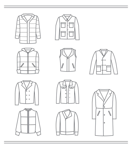 Set of icons of clothing, grey contours of men's jackets, autumn and winter models,isolated on white background. - Vector, imagen
