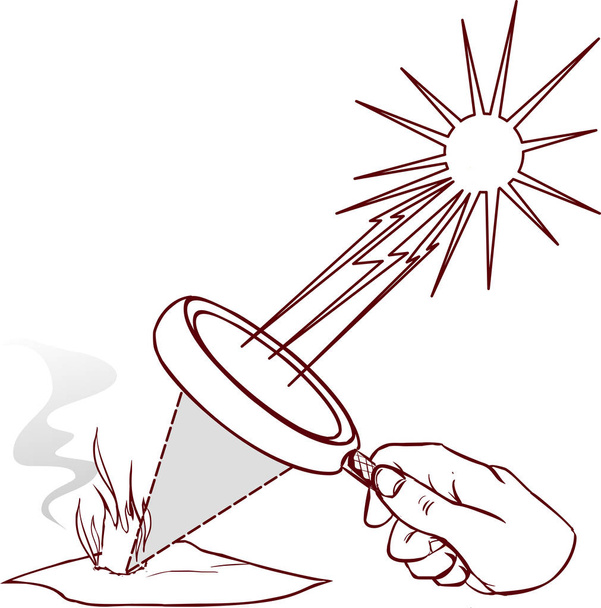 Magnifying lens used to concentrate some solar rays on a piece of  paper. Digital illustration. - Vector, imagen