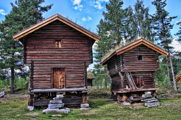 Casa de madera original con un techo cubierto de hierba, Noruega
 - Foto, imagen