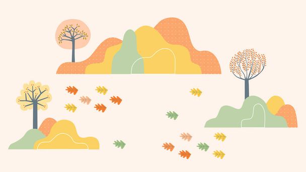 Ландшафт восени, Векторні ілюстрації горизонтального банера осінніх ландшафтних гір і дерев, що впали з жовтим листям. Дубове листя
. - Вектор, зображення