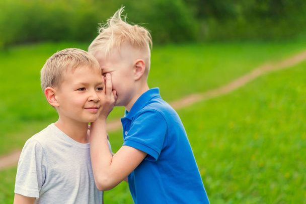 Blond boy in a blue T-shirt says a secret in the ear to his friend in the park - Foto, Imagem