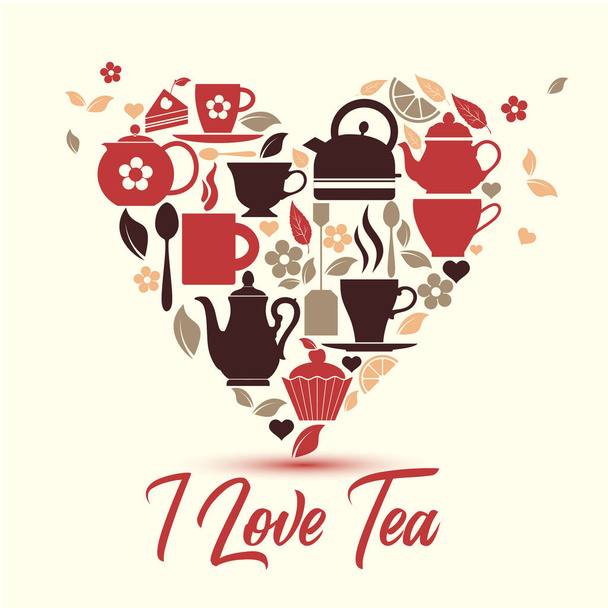Vector illustration-I love tea. Tea icons in heart. - Вектор, зображення