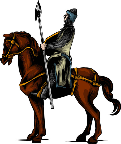 Vector de dibujos animados clip ilustración del arte de un caballero blindado en un caballo negro de miedo con los ojos rojos de carga o justa con una lanza y escudo
. - Vector, Imagen
